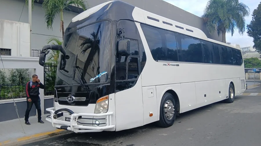 Autobús blanco junto a una acera y palmeras, publicado por UVRO